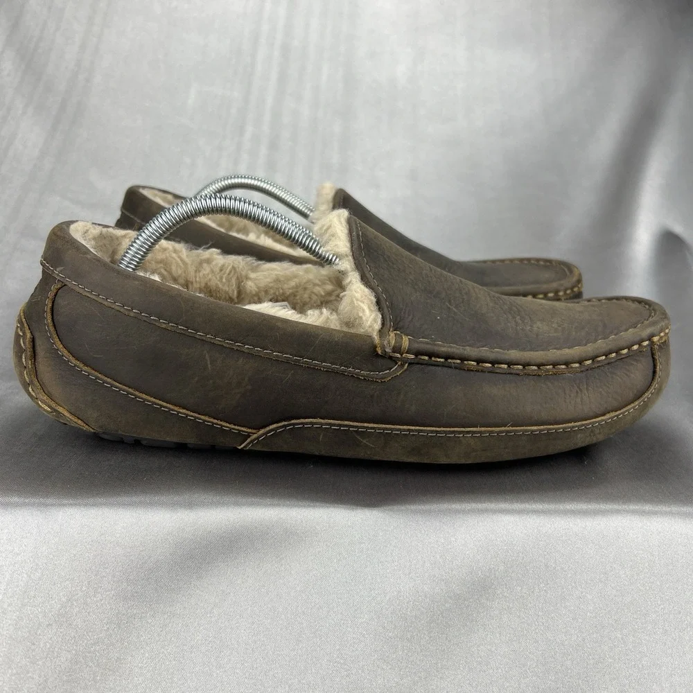 UGG Ascot Leather Wool Slippers Loafers Men's 12 Dark Brown‎ Driving S/N 1103889